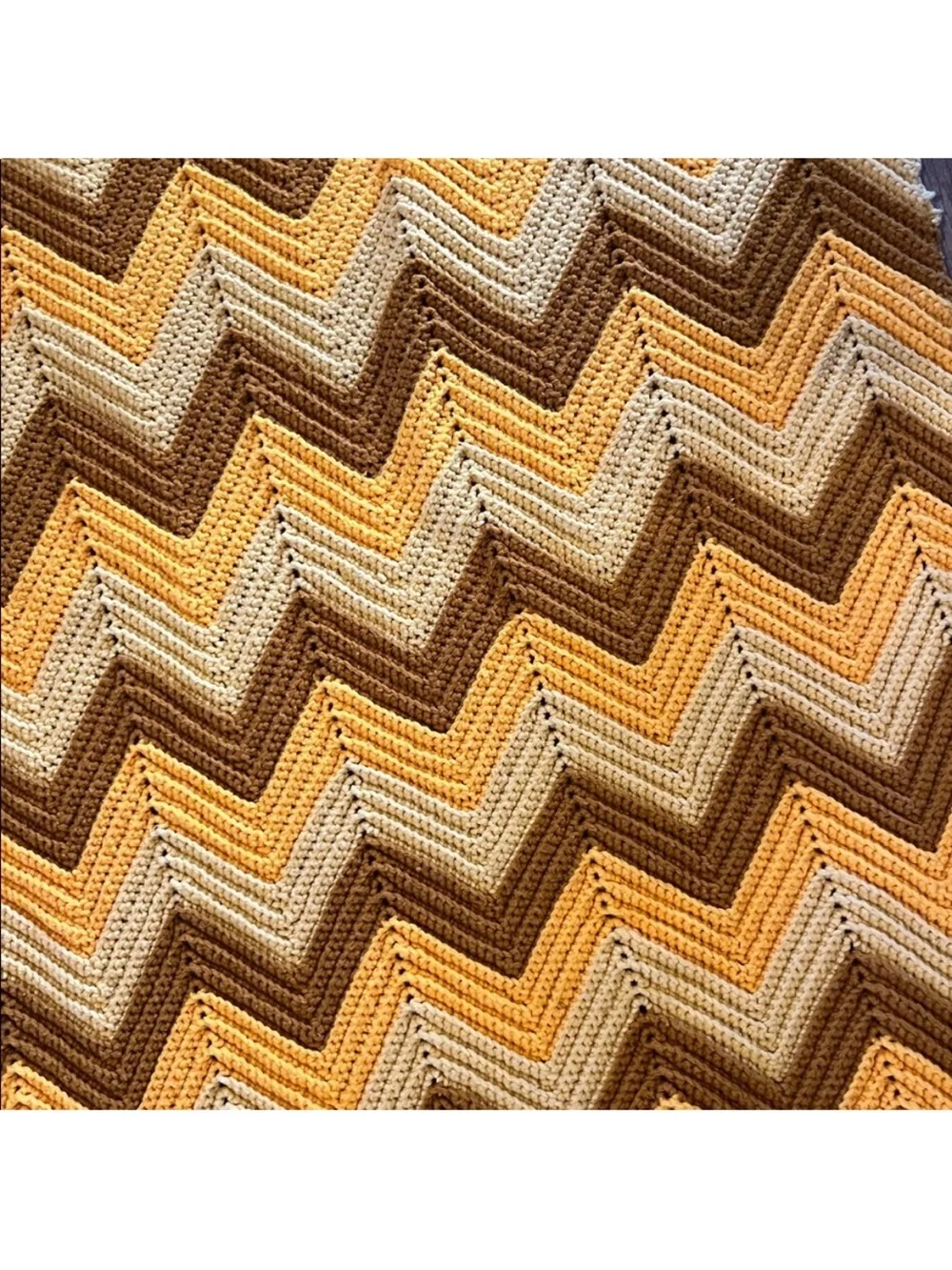 handmade vintage crochet afghan blanket with a chevron pattern brown and gold